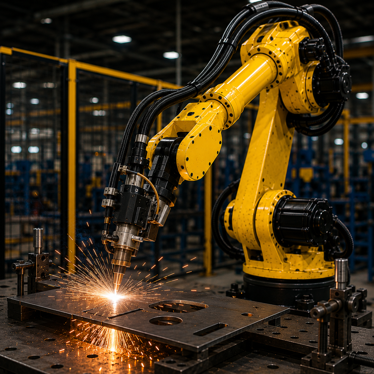 Industrial robot cutting steel plate