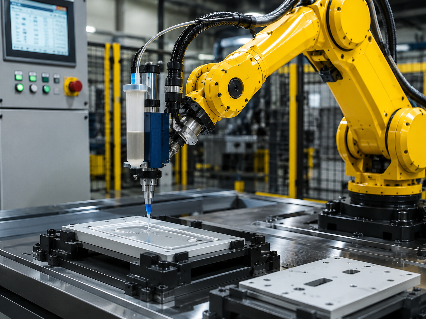 Industrial robot dispensing adhesive in action