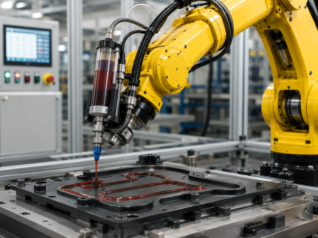 Industrial robot dispensing resin in action