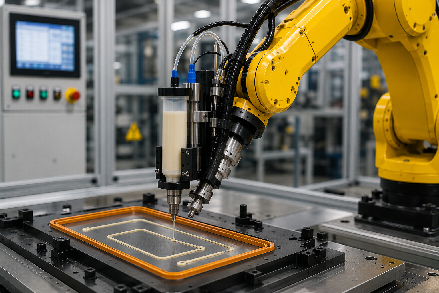 Industrial robot in action dispensing adhesive
