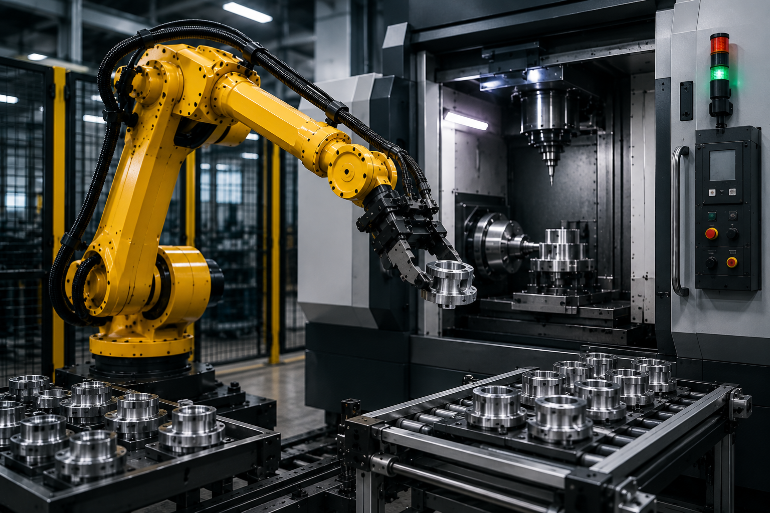 Robot arm operating in a machining cell