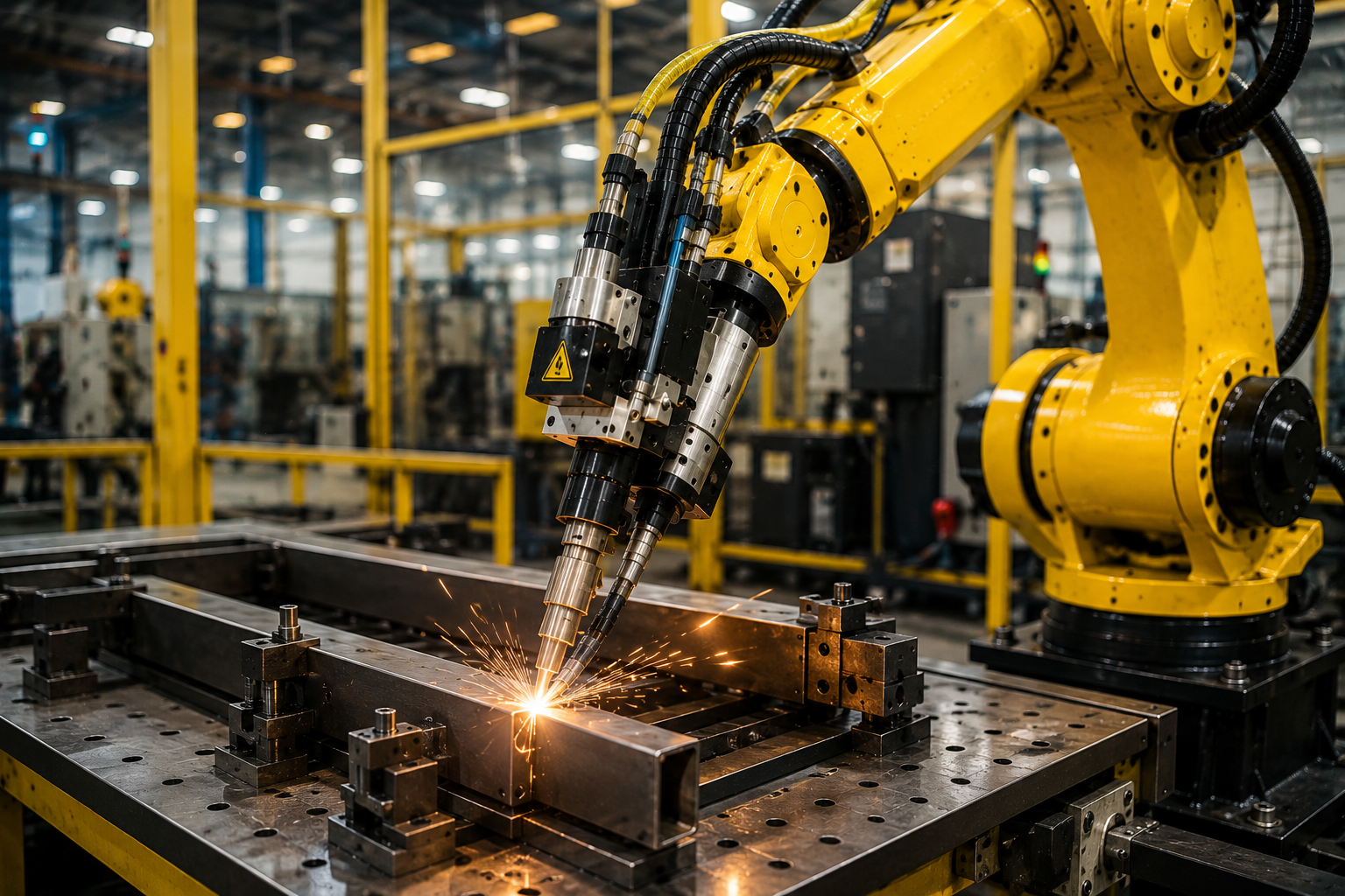 Robot arm welding in industrial factory