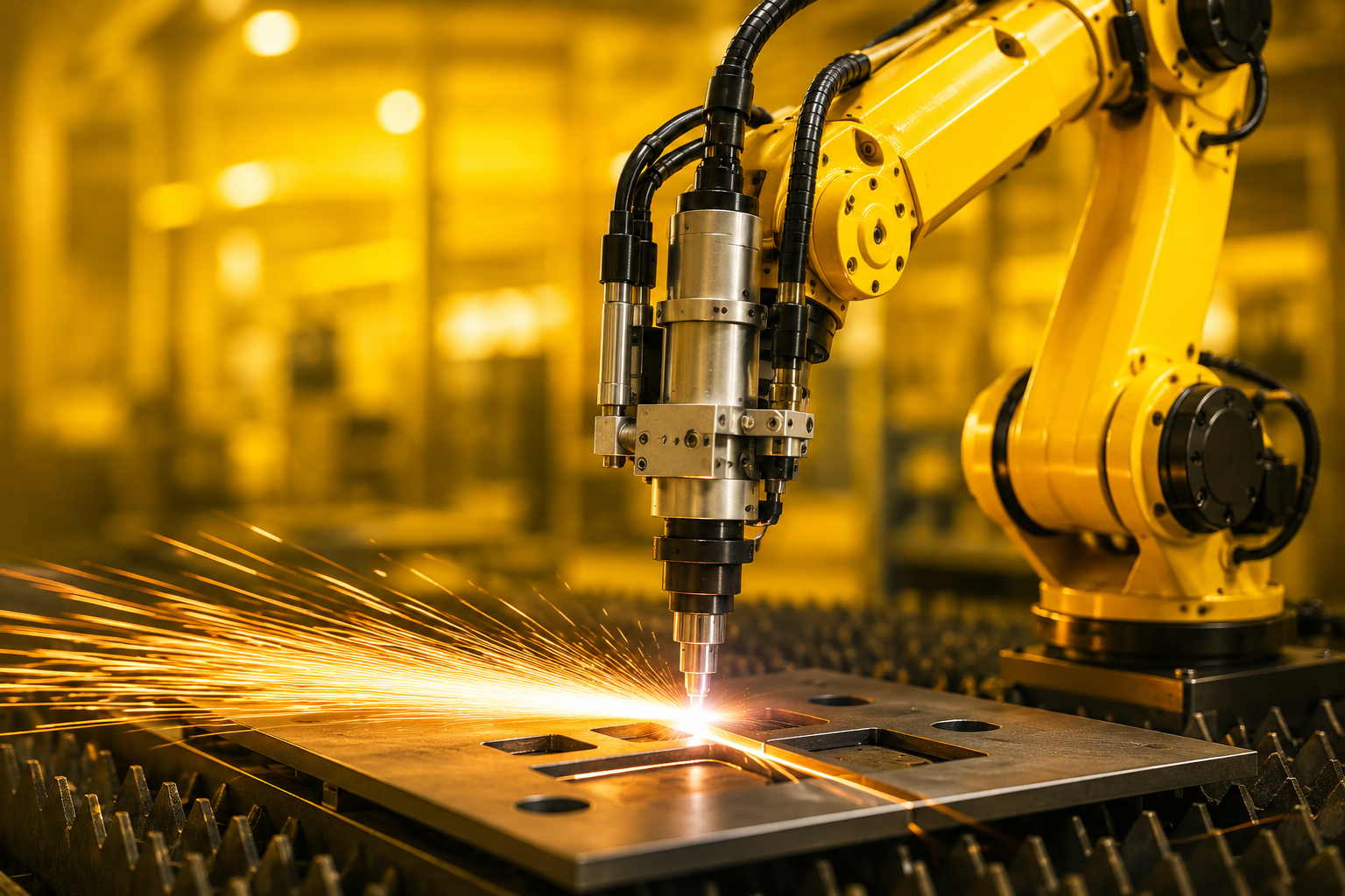 Robotic welding in industrial workshop