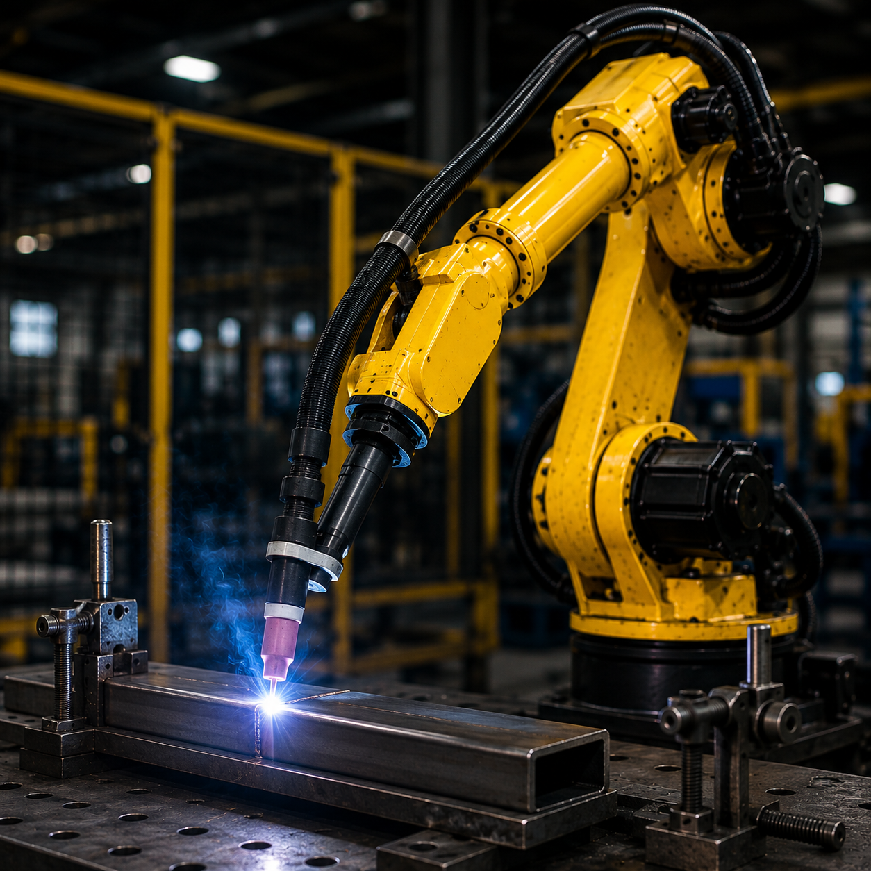 Welding robot in industrial workshop