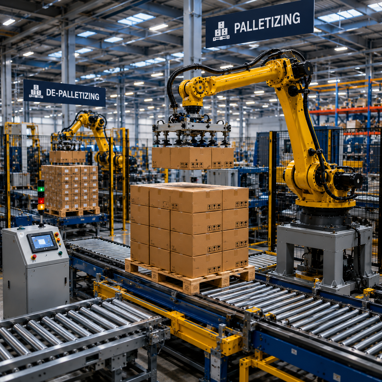 Automated warehouse with robotic palletizer