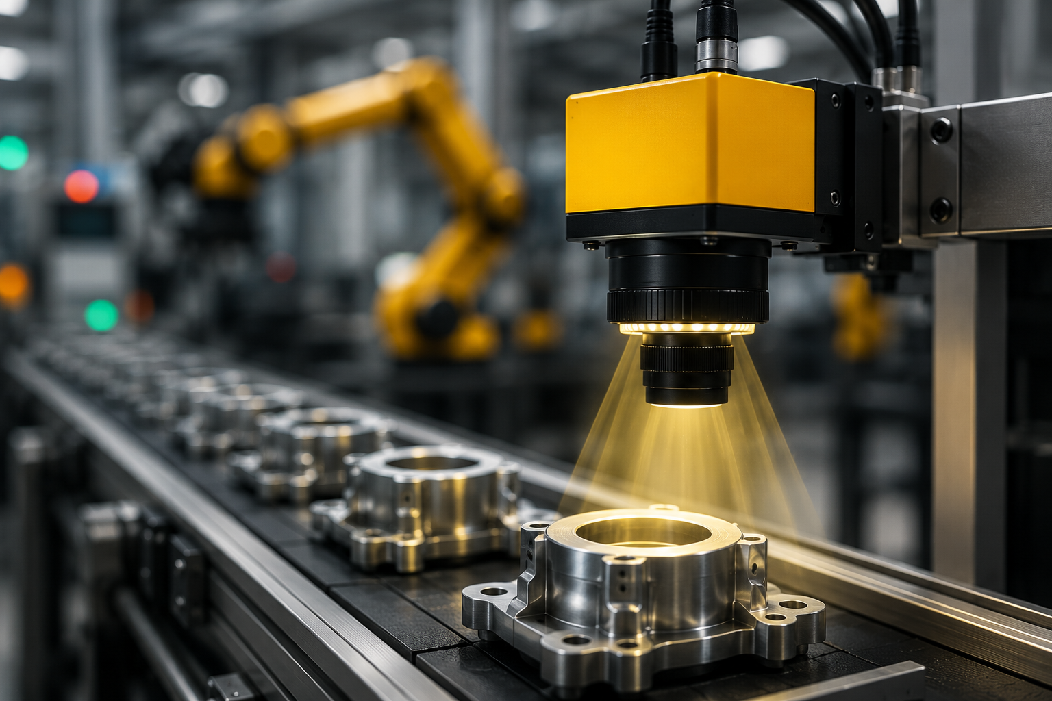 Industrial camera inspecting metal parts