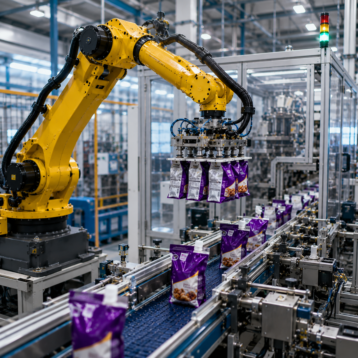 Industrial robot arm handling product pouches