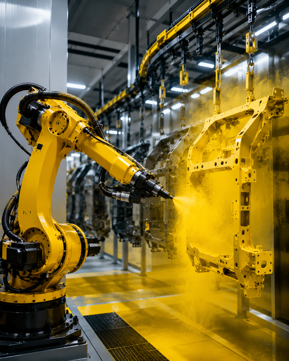 Industrial robot arm painting metal parts