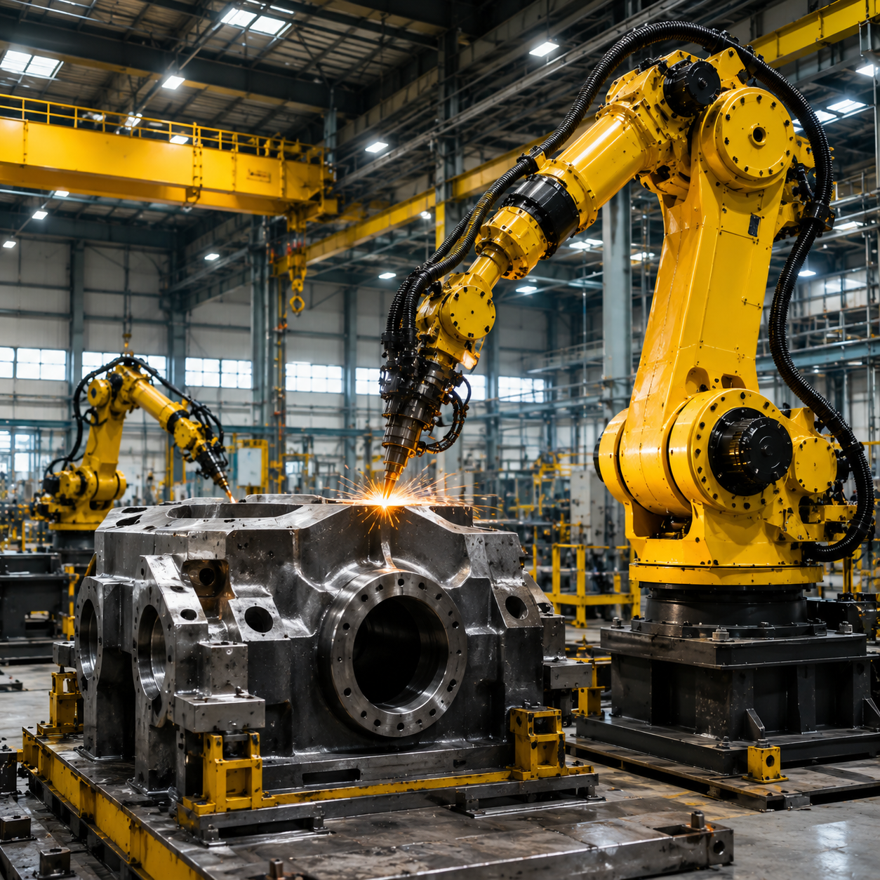 Industrial robot arm welding metal parts