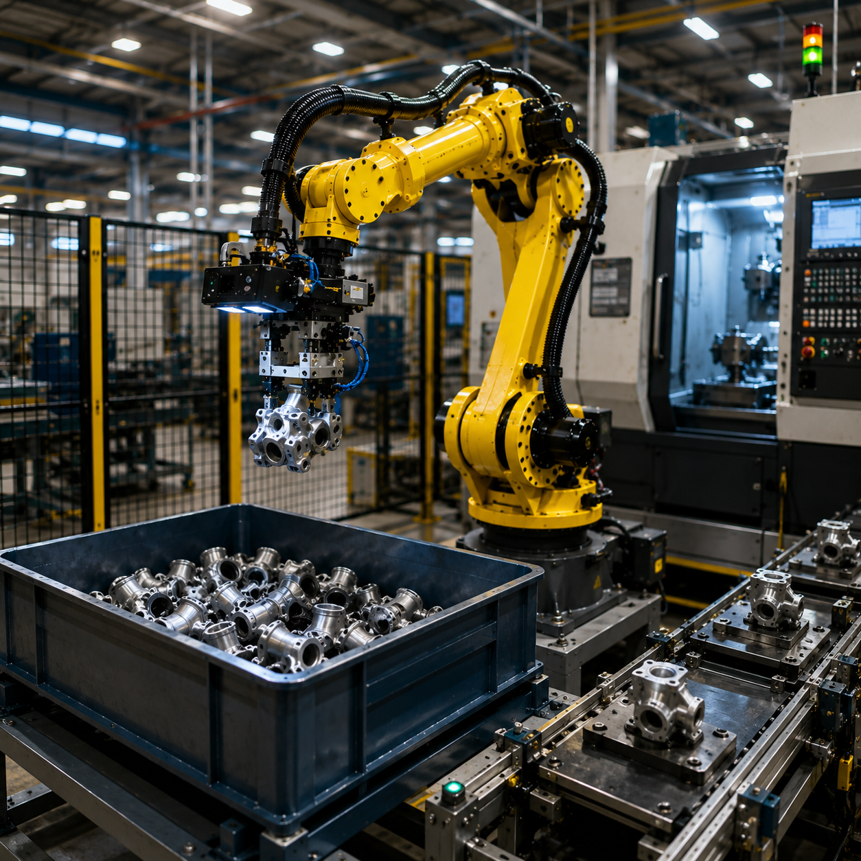 Industrial robot in action assembling parts bin packaging