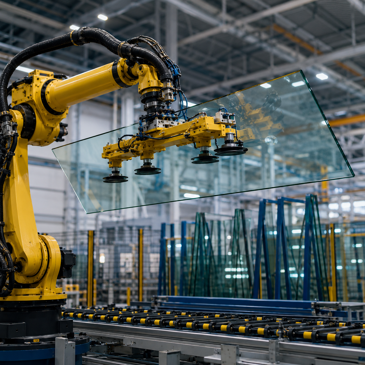 Robotic arm handling glass in factory