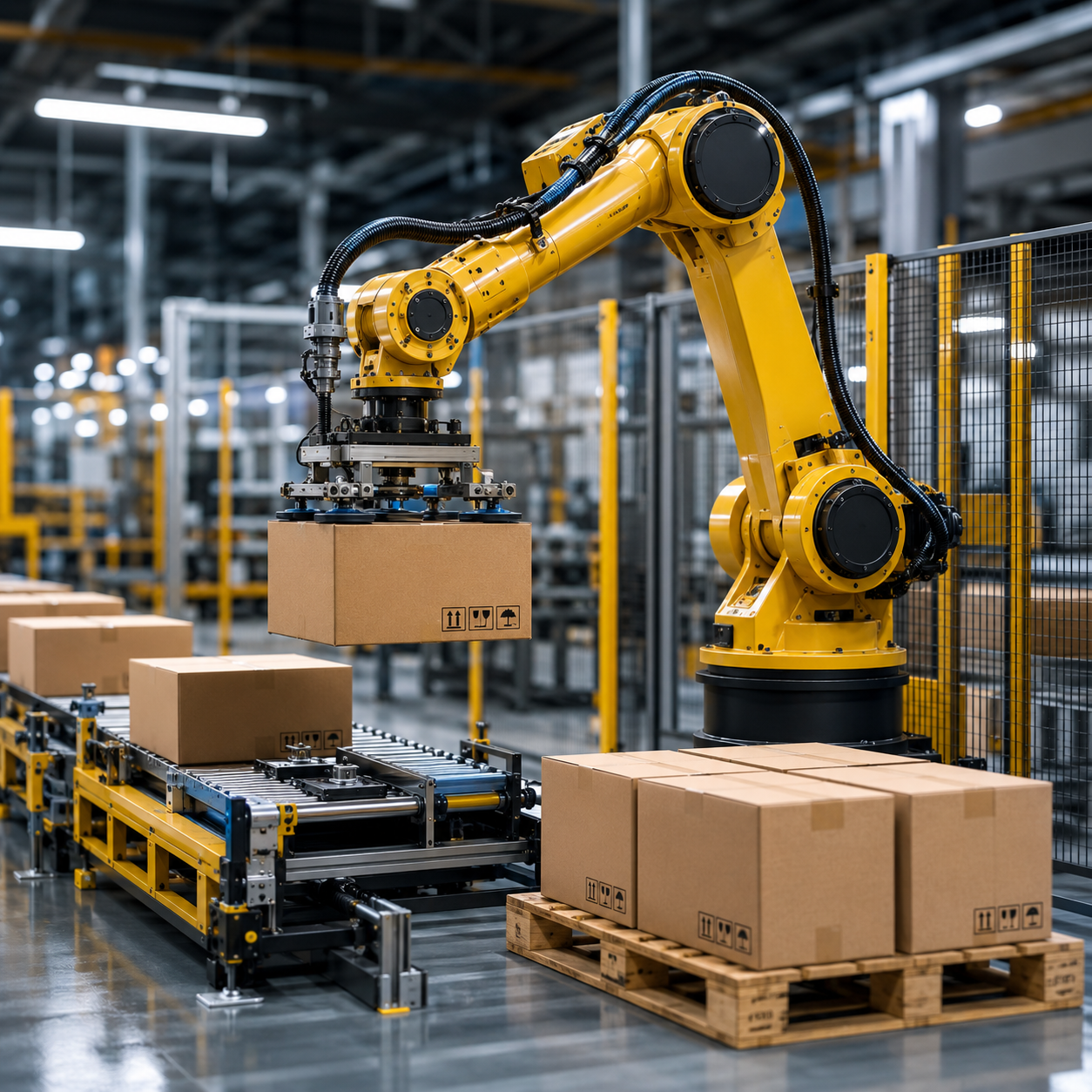 Automated Factory Robot Handling Boxes