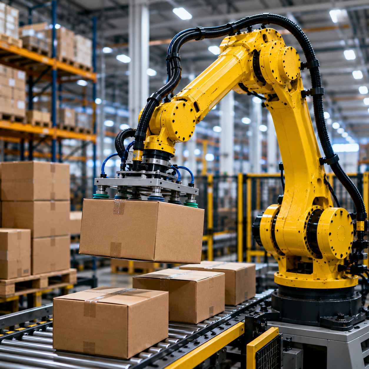Yellow Robot Arm Handling Boxes