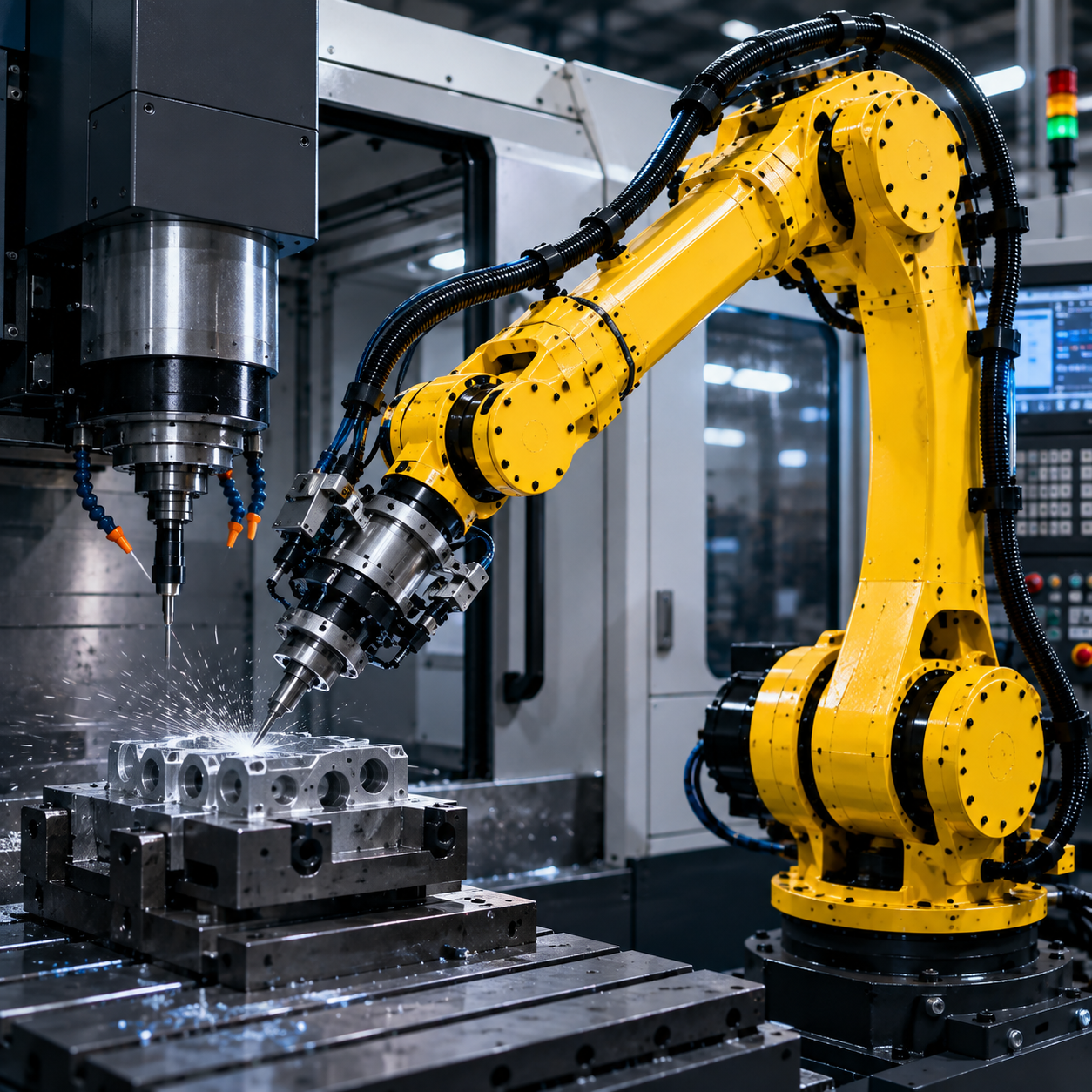 Yellow Robot Machining in CNC Cell