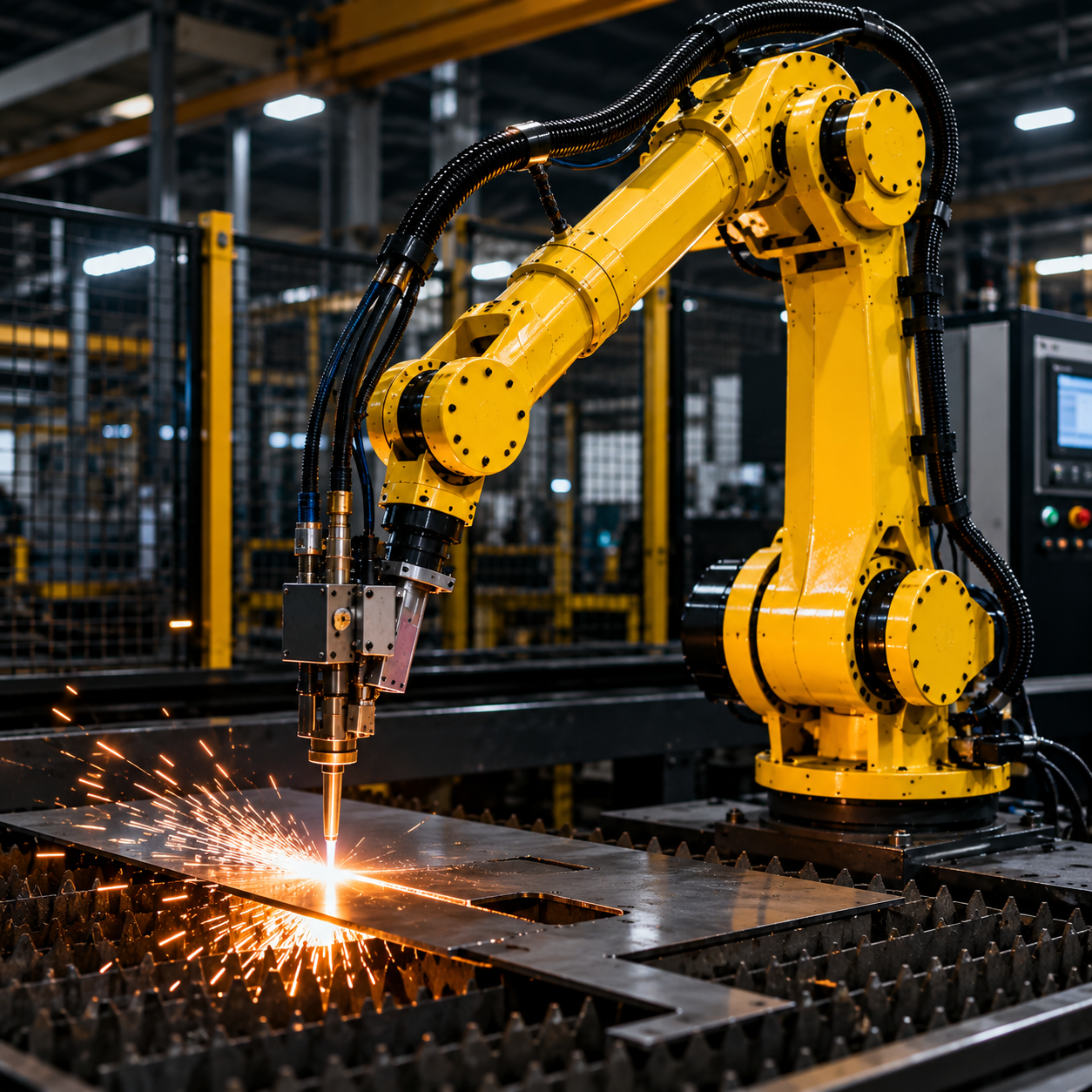 Yellow Robotic Arm Cutting Steel