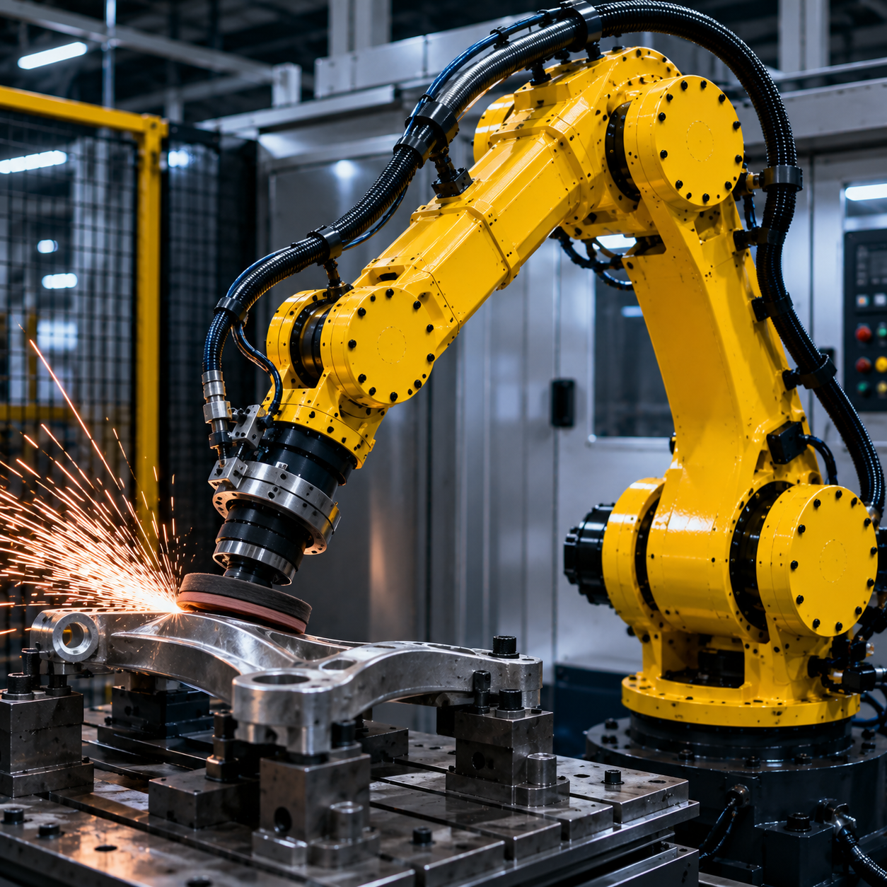 Yellow Robotic Arm Grinding Metal Part