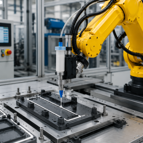 Automated assembly with adhesive dispensing