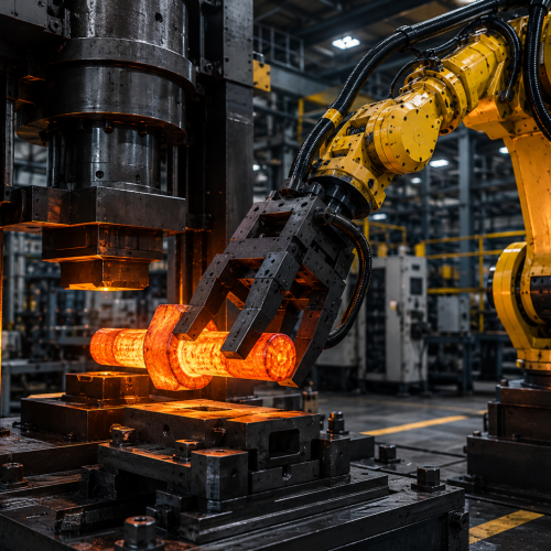 Industrial robot and heated forging press