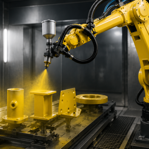 Industrial robot in paint booth action