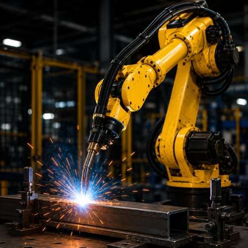 Industrial robot welding sparks in dark factory