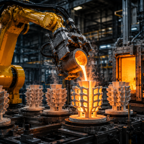 Robot arm pouring molten metal in factory