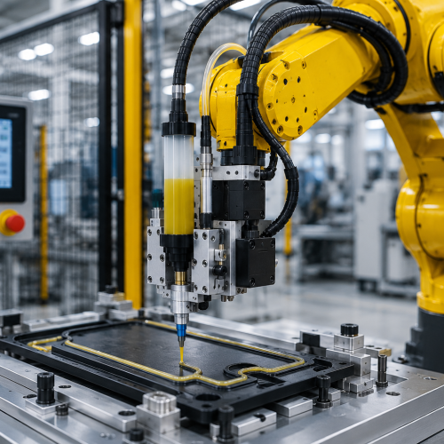 Robotic adhesive dispensing in factory setting