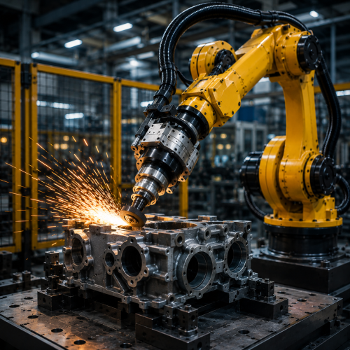 Robotic arm grinding metal in factory (2)