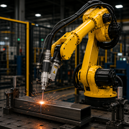 Robotic arm welding in industrial setting